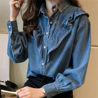 Long Sleeve Ruffle Denim Shirts